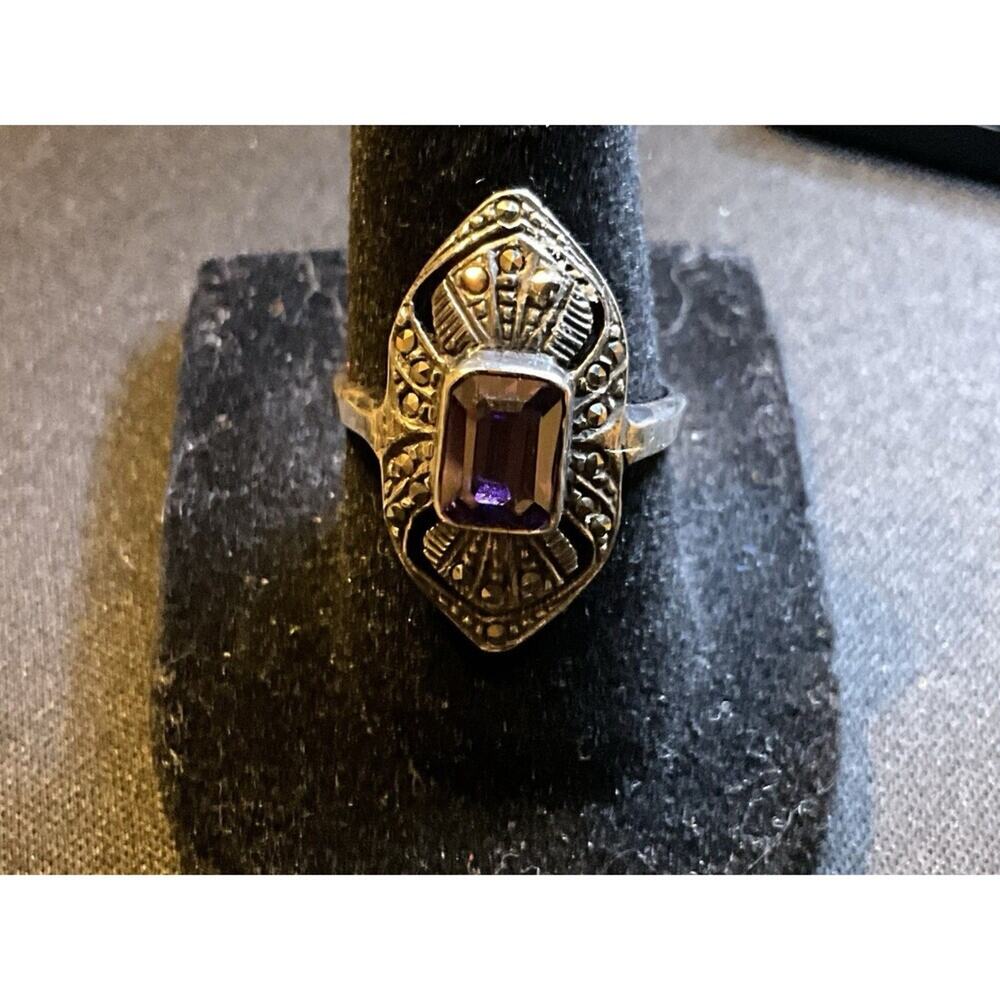 925 Sterling Silver Art Deco Amethyst And Marcasite Size 7.5